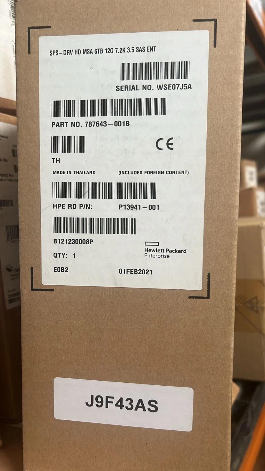 HPE MSA J9F43A 787643-001 3.5" 6TB SAS 12G 7.2K LFF HDD Hard Drive 787643-001B